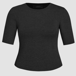 Black round neck short sleeve top.